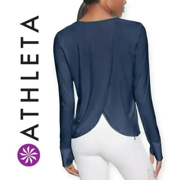 Athleta Sunlover UPF Tulip Back Top S Navy Thumbhole Sun Protection - Picture 1 of 15